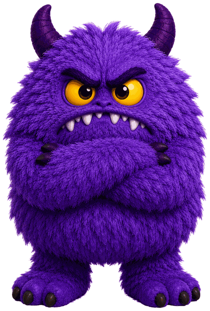 Muddle the Mess Monster, arms crossed and grumpy