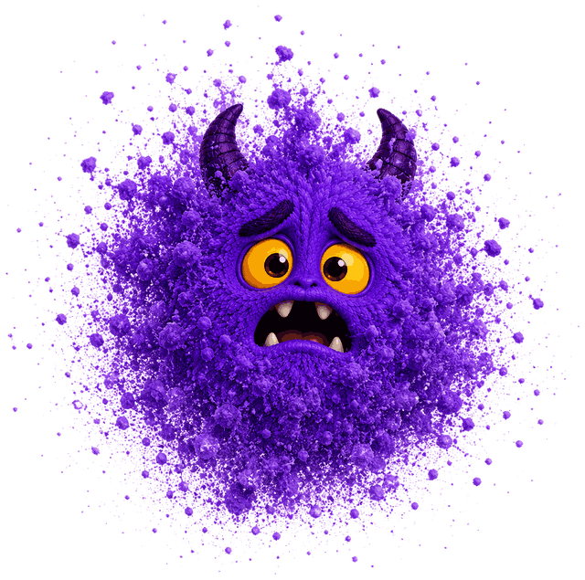 Muddle the Mess Monster shrinking away into purple dust
