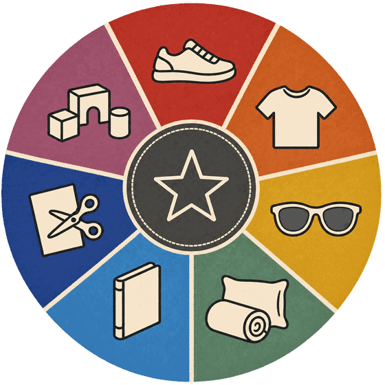 The TidyMat Wheel: a Start star in the middle with seven colors around it, each with a simple category icon